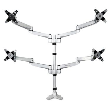 StarTech.com Desk Mount Quad Monitor Arm, Premium Articulating VESA 4 Monitor Mount 2x2 up to 27", Ergonomic Height Adjustable Pole Mount, Tilt/Swivel/Rotate, C-Clamp/Grommet, Silver
