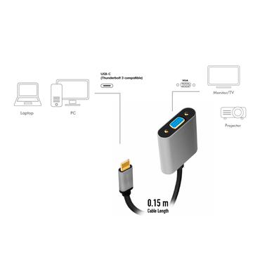 LogiLink CUA0104 videokabel adapter 0,15 m USB Type-C VGA (D-Sub) Sort, Grå