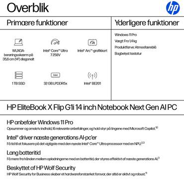 HP EliteBook X Flip G1i Notebook Next Gen AI B&auml;rbar dator - Intel Core Ultra 7 (Serie 2) 258V / 2.2 GHz - 32 GB LPDDR5X - 1 TB SSD PCIe - NVM Express (NVMe) - Intel Arc Graphics 140V upp till - 14" IPS