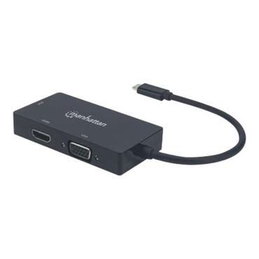 Manhattan USB-C 3-Port Hub/Dock/Converter, USB-C to DVI, HDMI or VGA Ports, HDMI Ultra-High-Definition: 1080p@60Hz or 3840x2160p@30Hz (4K), VGA or DVI: 60 Hz (1080p), Male to Females, Cable 10cm, Black, Blister