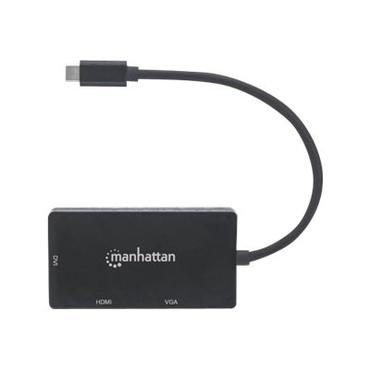 Manhattan USB-C 3-Port Hub/Dock/Converter, USB-C to DVI, HDMI or VGA Ports, HDMI Ultra-High-Definition: 1080p@60Hz or 3840x2160p@30Hz (4K), VGA or DVI: 60 Hz (1080p), Male to Females, Cable 10cm, Black, Blister