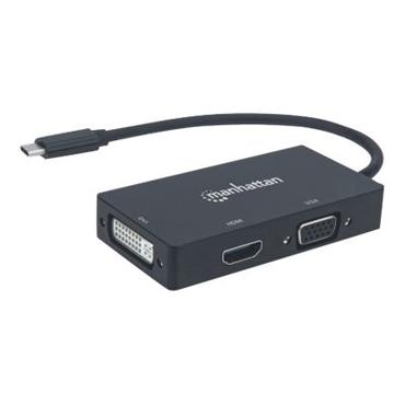 Manhattan USB-C 3-Port Hub/Dock/Converter, USB-C to DVI, HDMI or VGA Ports, HDMI Ultra-High-Definition: 1080p@60Hz or 3840x2160p@30Hz (4K), VGA or DVI: 60 Hz (1080p), Male to Females, Cable 10cm, Black, Blister