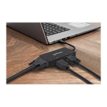 Manhattan USB-C 3-Port Hub/Dock/Converter, USB-C to DVI, HDMI or VGA Ports, HDMI Ultra-High-Definition: 1080p@60Hz or 3840x2160p@30Hz (4K), VGA or DVI: 60 Hz (1080p), Male to Females, Cable 10cm, Black, Blister