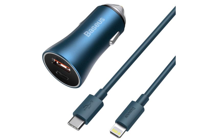 Ładowarka samochodowa Baseus Golden Contactor Pro, USB + USB-C, QC4.0+, PD, SCP, 40W (niebieska) + kabel USB-C do Lightning 1m (niebieski)