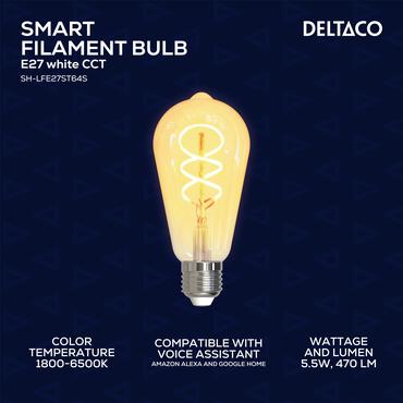 DELTACO SMART HOME - LED-filament-lyspære - form: ST64 - E27 - 5.5 W - hvidt lys - 1800-6500 K