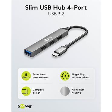 Slim 4-Port USB Hub, USB-C&trade; to USB-A, USB 3.2, light gray