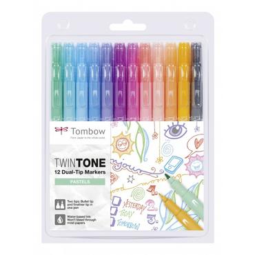 Tombow TwinTone Pastels speedmarker 12 stk Fin/projektilspids Sort, Blå, Brun, Blå, Grøn, Orange, Lyserød, Rød, Violet, Gul