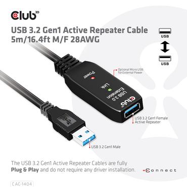 Club 3D - USB-f&ouml;rl&auml;ngningskabel - USB typ A till USB typ A - 5 m