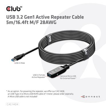 Club 3D - USB-f&ouml;rl&auml;ngningskabel - USB typ A till USB typ A - 5 m