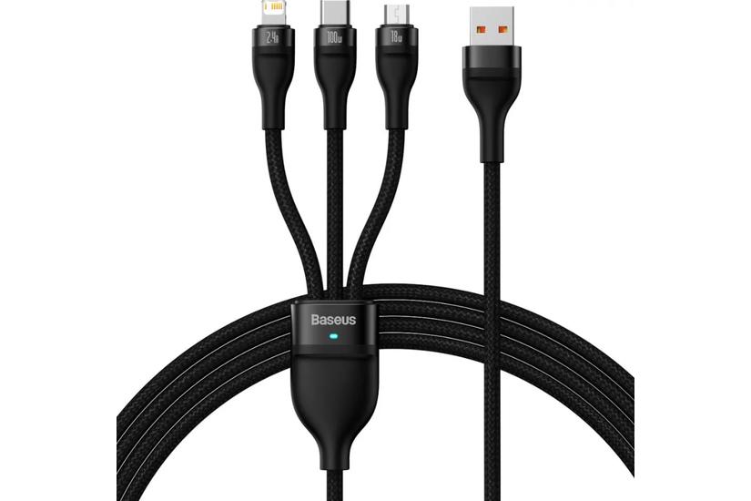 Kabel USB 3w1 Baseus Flash Series, USB-C + micro USB + Lightning, 100W, 1.2m (czarny)