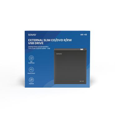 Savio AK-43 optical disc External Slim drive DVD±R/RW CD±R/RW Black optisk diskdrev DVD±RW Sort