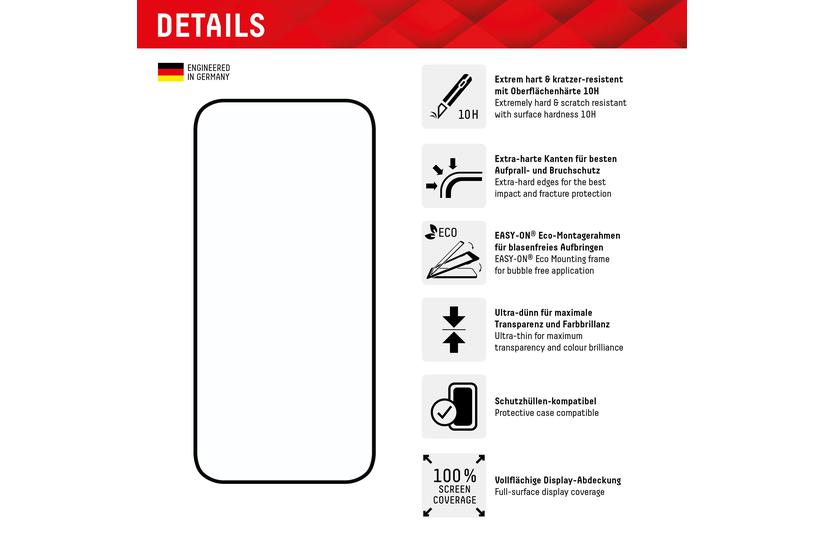 Displex Full Cover Screen Protector (10H) for Apple iPhone 15/15 Pro, Eco Mounting Frame, Full Cover