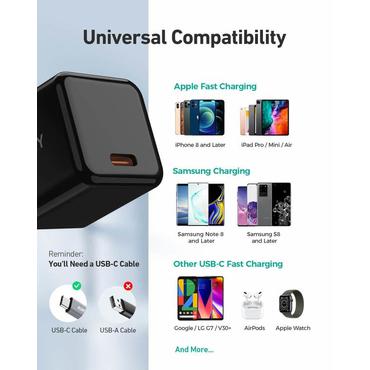 AUKEY PA-F5 Universel Sort Vekselstr&oslash;m Hurtig opladning Indend&oslash;rs