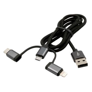 USB 3-in1 Ladekabel Lightning/C/Micr black,umflochtenes Nylon, 1m