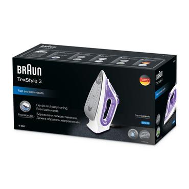 Braun TexStyle 3 SI3042VI Dampstrygejern Keramisk stryges&aring;l 2350 W Lilla, S&oslash;lv, Hvid