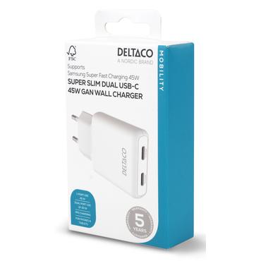 Deltaco USB-C wall charger 45 W, 2x USB-C PD, slim, tot 45 W, white