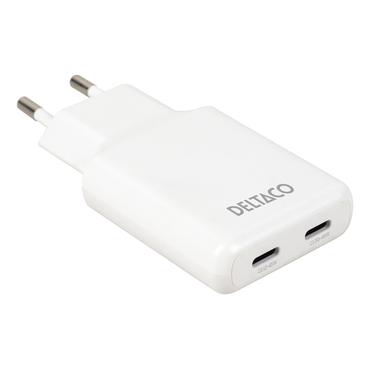 Deltaco USB-C wall charger 45 W, 2x USB-C PD, slim, tot 45 W, white