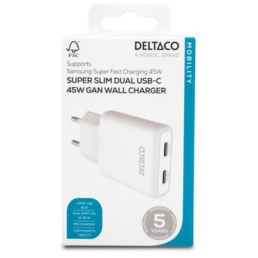 Deltaco USB-C wall charger 45 W, 2x USB-C PD, slim, tot 45 W, white