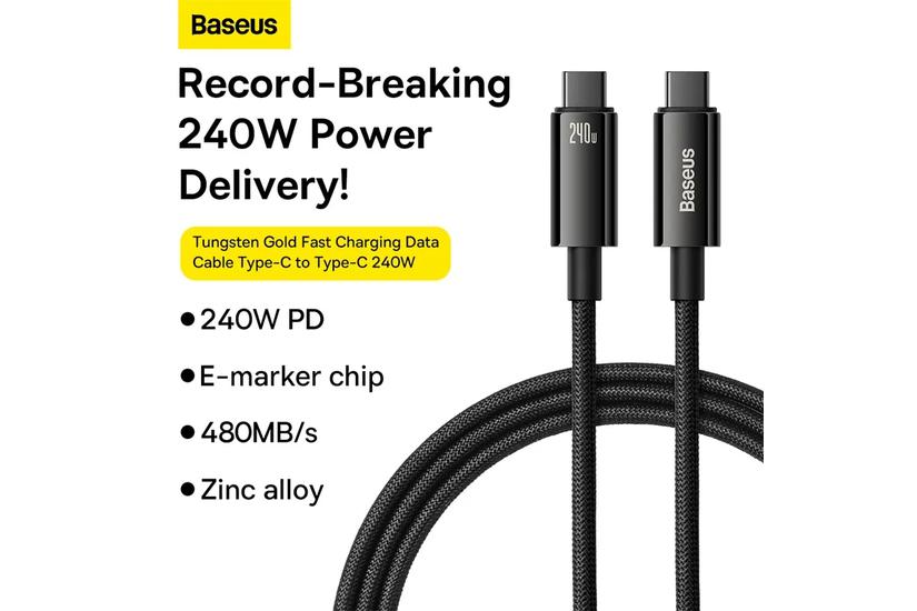 Baseus Tungsten Guldkabel USB-C - USB-C 240W, 3m - Svart