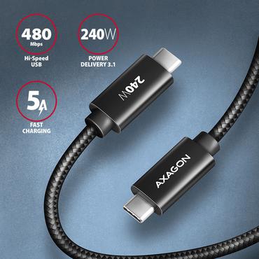 AXAGON BUCM2-CM15AB, CHARGE kabel USB-C &amp lt -&amp gt  USB-C, 1.5m, Hi-Speed USB, PD 240W 5A, ALU, oplet, cern&yacute;