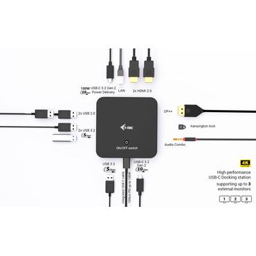 i-tec USB-C DP Dual HDMI Docking Station with Power Delivery 100 W + Universal Charger 100W Ledningsf&oslash;rt USB 3.2 Gen 2 (3.1 Gen 2) Type-C Sort