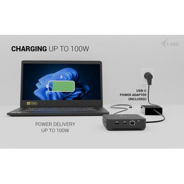 i-tec USB-C DP Dual HDMI Docking Station with Power Delivery 100 W + Universal Charger 100W Ledningsf&oslash;rt USB 3.2 Gen 2 (3.1 Gen 2) Type-C Sort