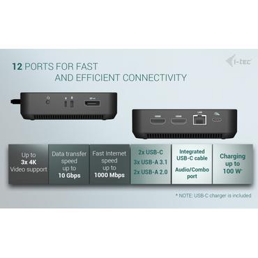 i-tec USB-C DP Dual HDMI Docking Station with Power Delivery 100 W + Universal Charger 100W Ledningsf&oslash;rt USB 3.2 Gen 2 (3.1 Gen 2) Type-C Sort
