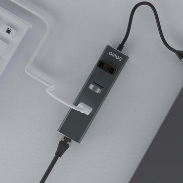 Savio AK-57 USB-C - 3 x USB-A HUB with RJ-45 Gigabit Ethernet adapter 5000 Mbit/s grey 2 x USB 3.2 Gen 2 (3.1 Gen 2) Type-C 1000 Mbit/s Grå