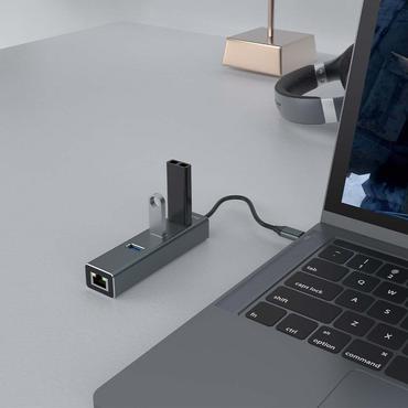 Savio AK-57 USB-C - 3 x USB-A HUB with RJ-45 Gigabit Ethernet adapter 5000 Mbit/s grey 2 x USB 3.2 Gen 2 (3.1 Gen 2) Type-C 1000 Mbit/s Grå