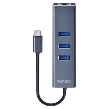 Savio AK-57 USB-C - 3 x USB-A HUB with RJ-45 Gigabit Ethernet adapter 5000 Mbit/s grey 2 x USB 3.2 Gen 2 (3.1 Gen 2) Type-C 1000 Mbit/s Grå