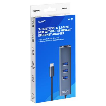 Savio AK-57 USB-C - 3 x USB-A HUB with RJ-45 Gigabit Ethernet adapter 5000 Mbit/s grey 2 x USB 3.2 Gen 2 (3.1 Gen 2) Type-C 1000 Mbit/s Grå