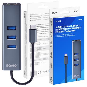 Savio AK-57 USB-C - 3 x USB-A HUB with RJ-45 Gigabit Ethernet adapter 5000 Mbit/s grey 2 x USB 3.2 Gen 2 (3.1 Gen 2) Type-C 1000 Mbit/s Grå