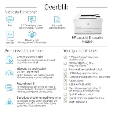 HP LaserJet Enterprise M406dn Sort og hvid Printer, Kun ethernet; Dupleks