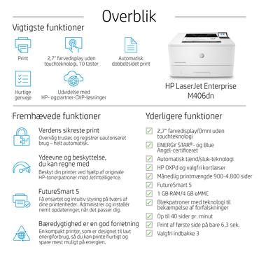 HP LaserJet Enterprise M406dn Sort og hvid Printer, Kun ethernet; Dupleks