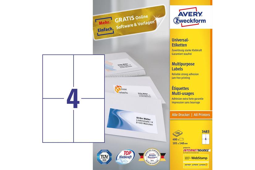 Avery 3483 selvkl&aelig;bende etiket Rektandel Permanent Hvid 400 stk
