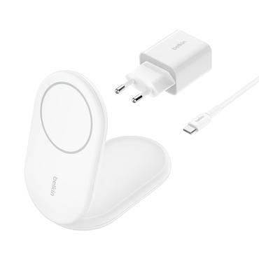 Belkin BoostCharge tr&aring;dl&ouml;st laddst&auml;ll - magnetisk, hopf&auml;llbar, med Qi2 - + v&auml;xelstr&ouml;msadapter - 15 Watt