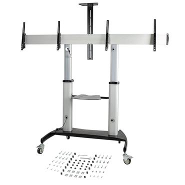 StarTech.com Dual TV Cart for 37-60in VESA TVs up to 110lb (50kg) each, Height Adjustable TV Mount, Mobile Display Cart w/ Webcam & Equipment Shelves, Lockable Casters, TV Cart on Wheels
