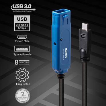 Lindy 43381 USB-kabel USB 3.2 Gen 1 (3.1 Gen 1) 8 m USB C USB A Sort, Blå