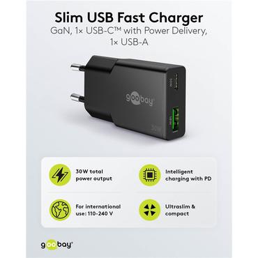 USB-C&trade; PD GaN Dual Fast Charger Slim (30 W)