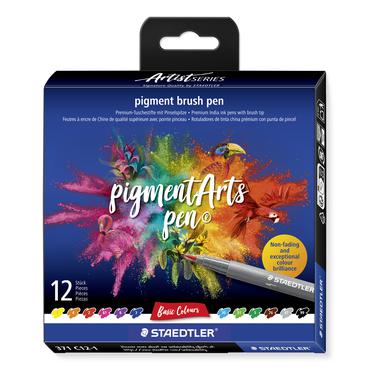 STAEDTLER 371 - penselpenna och fiberpennsats - gul, röd, blå, ljusblå, orange, grön, pilgrön, violett, rödviolett, brun, cool grå medium, nattsvart - 12 delar