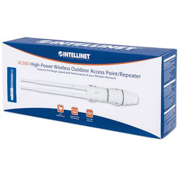 Intellinet High-Power Wireless AC600 Outdoor Access Point / Repeater, 433 Mbps Wireless AC (5 GHz) + 150 Mbps Wireless N (2.4 GHz), IP65, 28 dBm, Wireless Client Isolation, Passive PoE, Wall- and Pole-mount