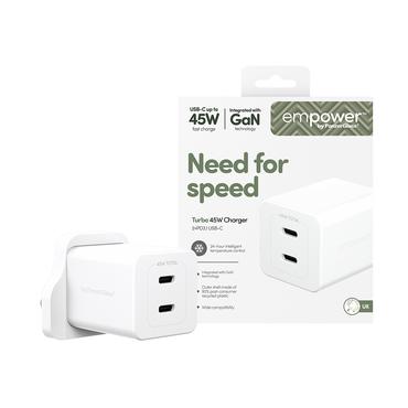 PanzerGlass empower&trade; by &reg; Turbo 45W Dual Oplader inkl. 2 x USB-C | UK Stik | Silver White
