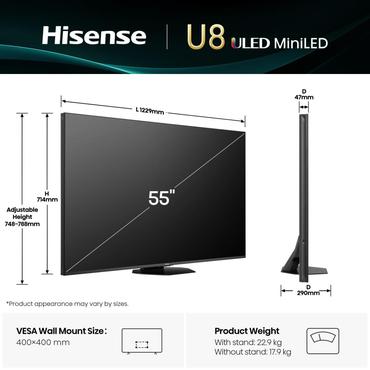 Hisense 55U8Q 139,7 cm (55") 4K Ultra HD Smart TV Wi-Fi Sort 700 cd/m²