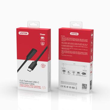 Unitek C14086BK - USB typ C-f&ouml;rl&auml;ngningskabel - 24 pin USB-C till 24 pin USB-C - 50 cm