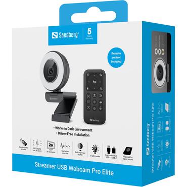 Sandberg Streamer USB Webcam Pro Elite - Livestreamingkamera - färg - 2560 x 1440 - ljud - USB 2.0 - H.264, H.265, MJPEG, YUY2