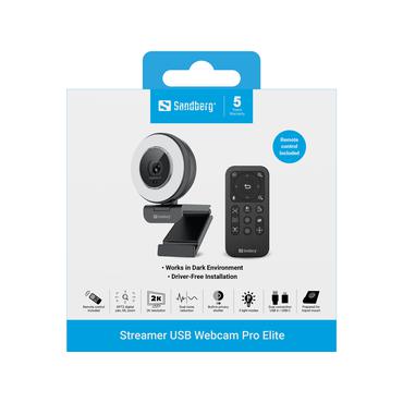 Sandberg Streamer USB Webcam Pro Elite - Livestreamingkamera - färg - 2560 x 1440 - ljud - USB 2.0 - H.264, H.265, MJPEG, YUY2
