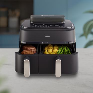Philips 5000 series NA551/00 frituregryde Dobbelt 9 L Enkeltst&aring;ende 2750 W Varmluftsteger Sort, S&oslash;lv