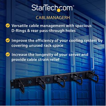StarTech.com 1U 19" Cable Management Organizer, D Ring Hook Network/Server Rack Cord Manager, Data Center Horizontal Wire Panel with Passthrough Holes with Mounting Hardware, EIA/ECA-310-E - 1U Ring Hook Organizer (CABLMANAGERH) - kabeladministrationspakke for rack - 1U - 19"
