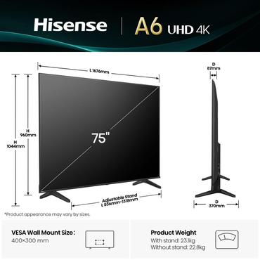 Hisense 75A6Q TV 190,5 cm (75") 4K Ultra HD Smart TV Wi-Fi Sort