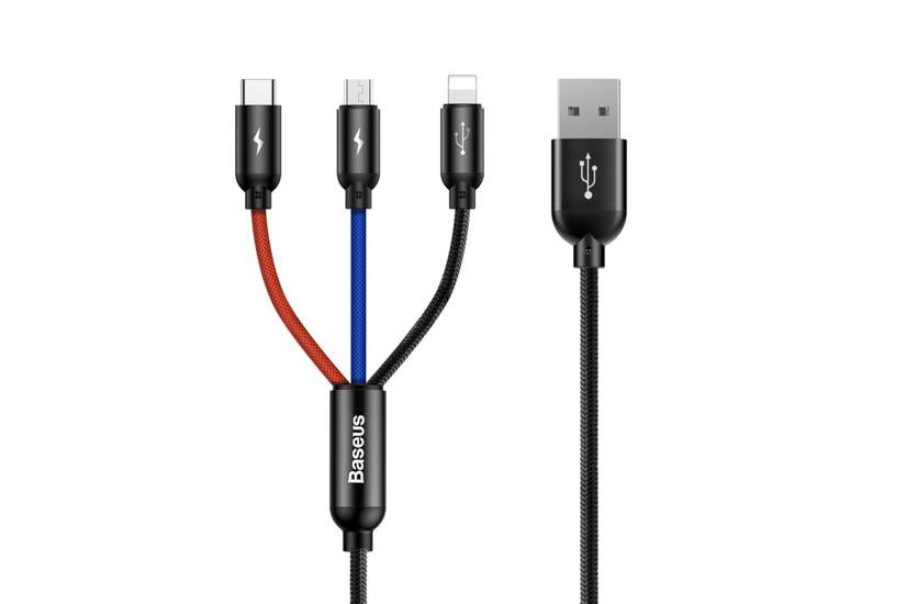 Baseus-kabel Tre prim&auml;rf&auml;rger Ljus/Typ-C/Mikronylonfl&auml;ta 3,5A 1,2m Svart (CAMLT-BSY01)